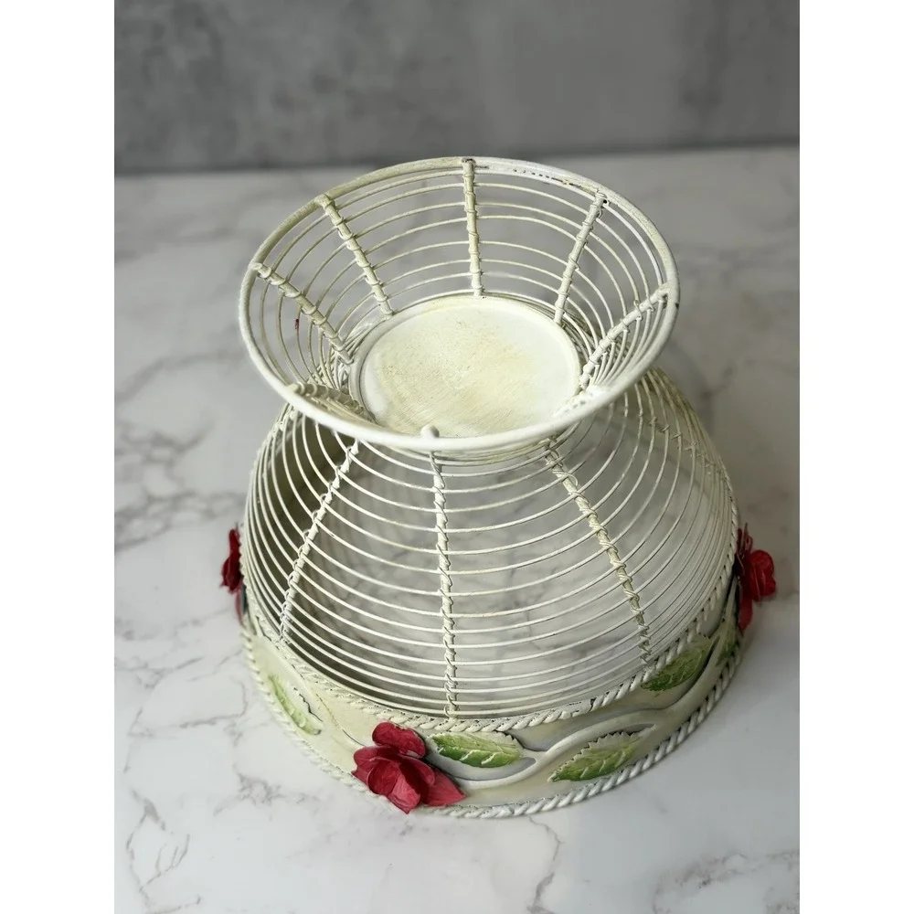 Vintage White Metal Wire Pedestal Basket Hand Painted Pink Flowers Cottage Decor